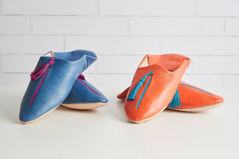 Moroccan Leather Slippers: Medium / Blue/Fuchsia