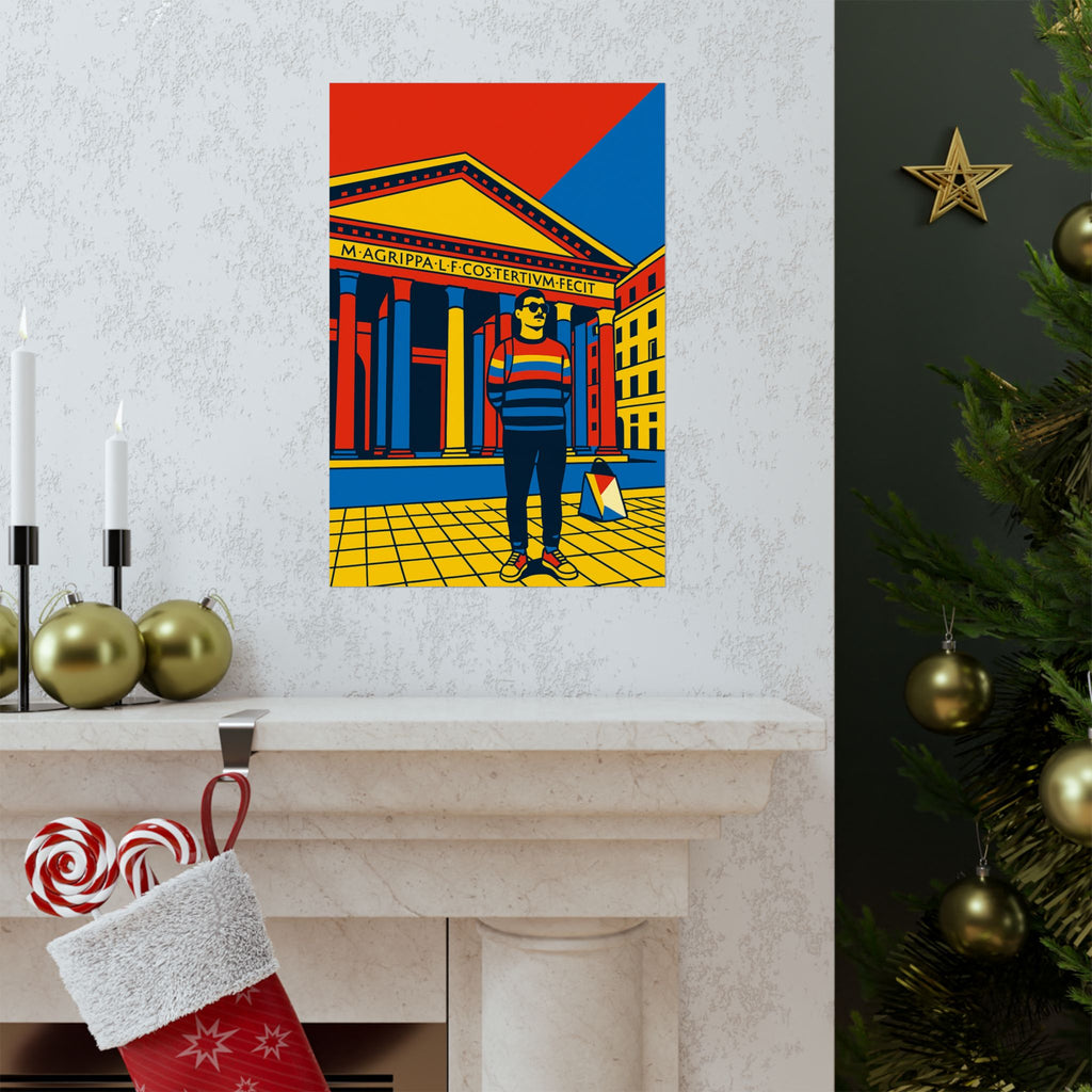 Vibrant pop art poster depicting a lone figure at Pantheon, colorful sky, symbolizing the Eternal City hanged in a living room wall.