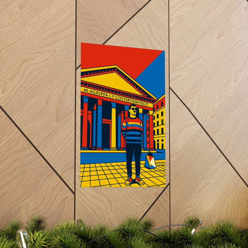 Stylized illustration of a man at the Pantheon in Rome, with a vibrant red and blue sky, hanged on the wall