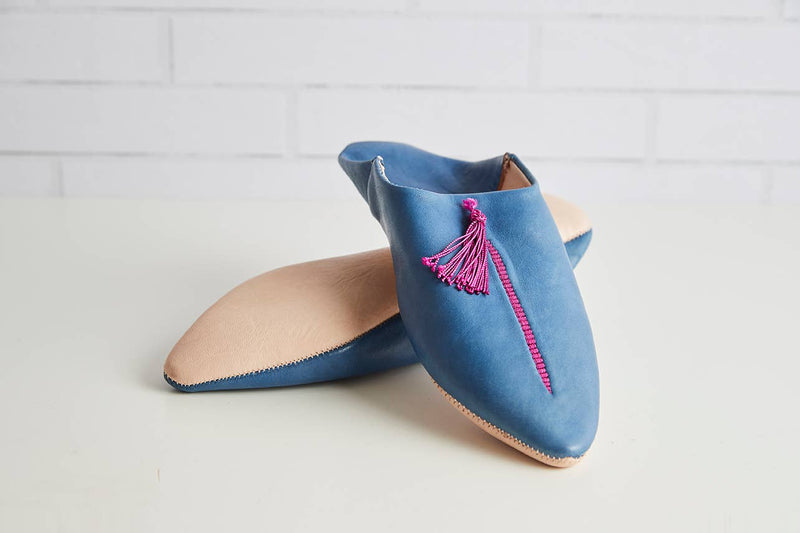 Moroccan Leather Slippers: Medium / Blue/Fuchsia