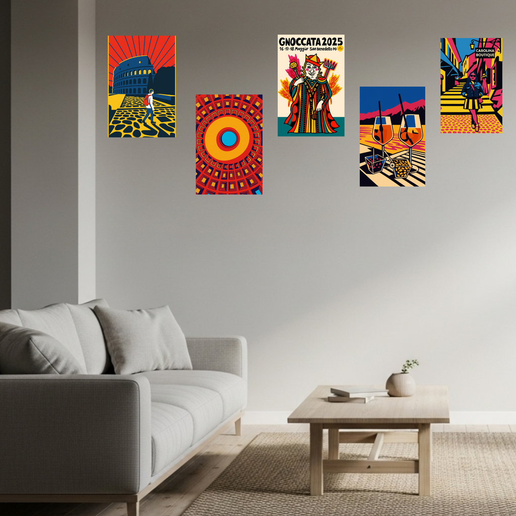 Vibrant colorful rolled posters on a wall above a stylish sofa, showcasing vibrant Italian street art designs.