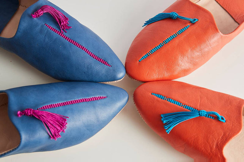 Moroccan Leather Slippers: Medium / Blue/Fuchsia